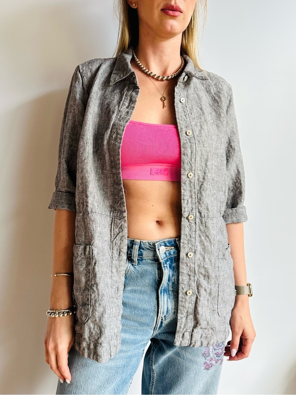 Coldwater Creek 100% Linen Button Front Tunic Shirt Gray Boho Lightweight Jacket